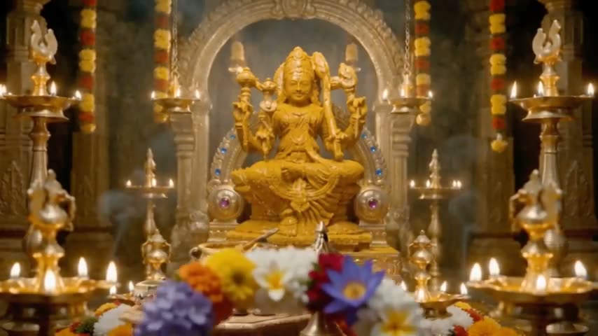 Mallikā-Mālatī-Jātī-Campaka-Aśoka-Śatapatra-Pūgakuḍmalī-Punnāga-Kahlāra-Mukhya-Sarvartu-Kusumamālā Samarpaṇam A Garland Of Fresh Flowers is offered To The Divine Mother.