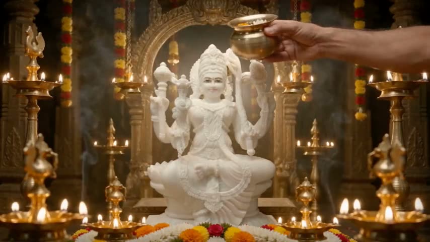 Kanakakalaśacyuta Sakala Tīrthābhiṣekam The Divine Vigraha Of Maa Is Bathed from golden pots of Sacred waters.