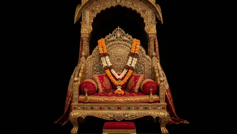 Bhūṣaṇa Maṇḍapa Maṇipīṭhopaveśanam The Divine Mother Is Seated Upon The Gem Throne Of The Chamber Of Ornaments.