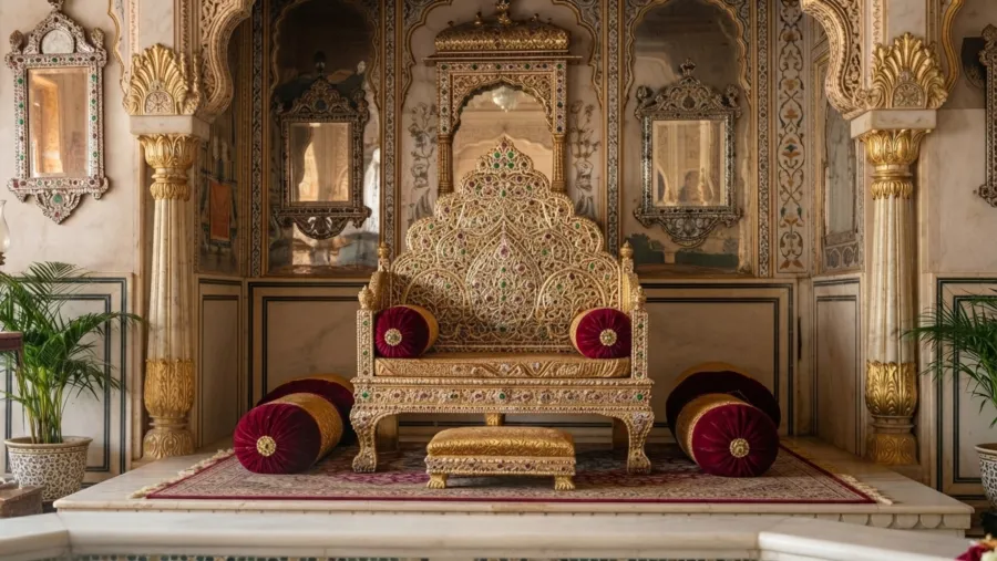 Majjanaśālā Maṇipīṭhopaveśanam The Divine Mother Is Seated Upon The Gem Throne Of The Bathing Chamber.