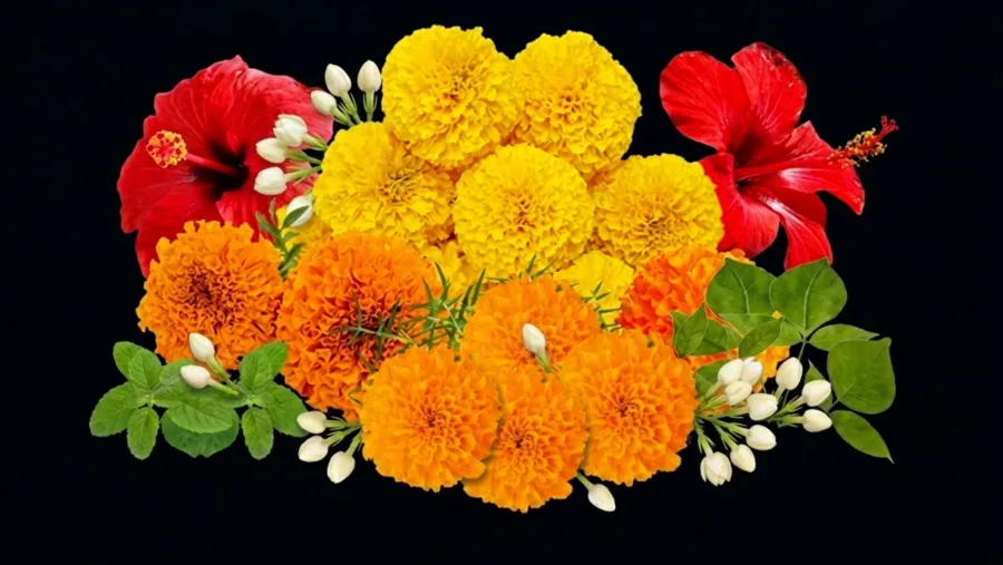 Puṣpam মায়ের দিব্য চরণে পুষ্প নিবেদন করা হয়।